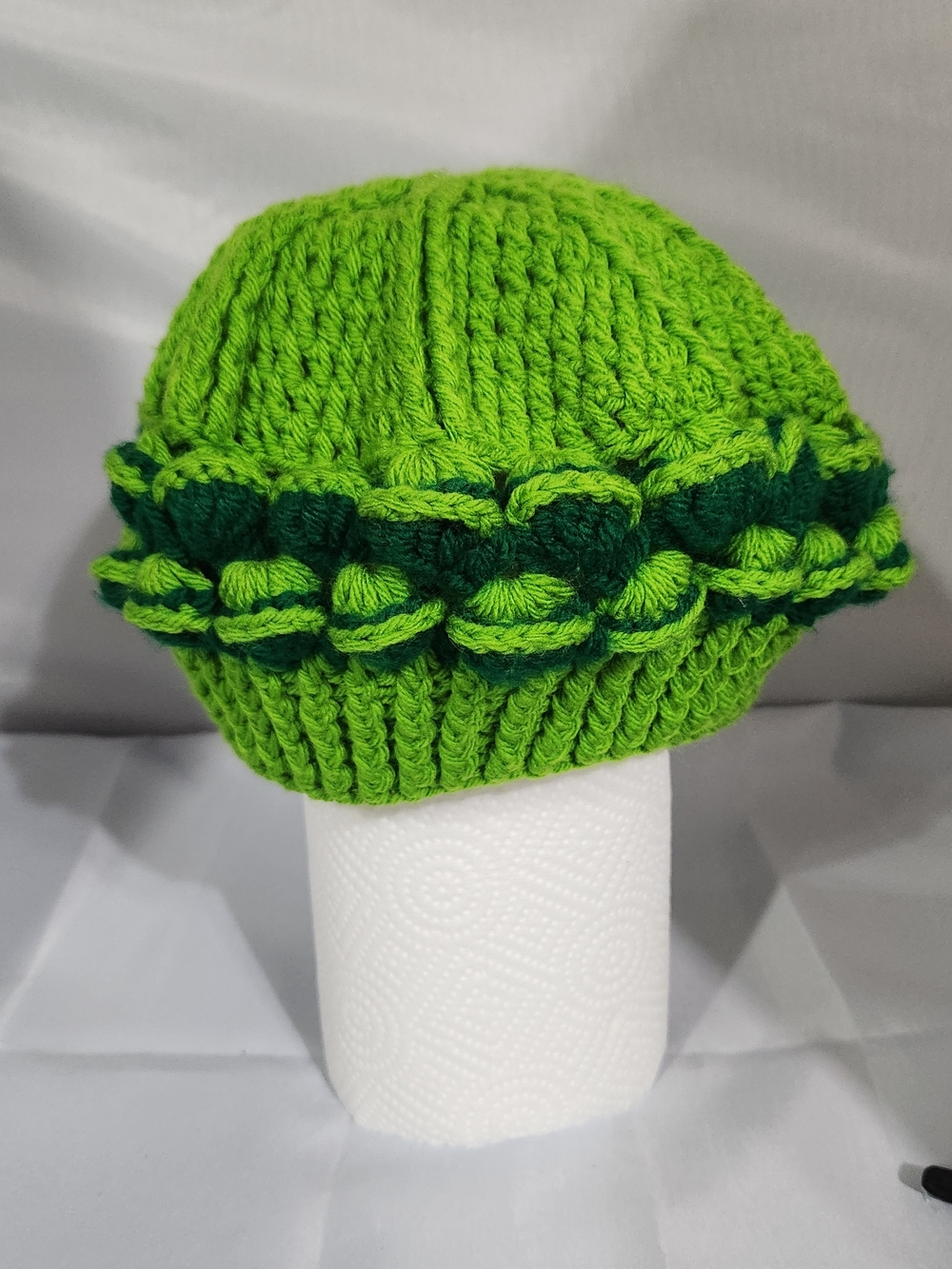 Bright Lime Knit Women's Beanie with Dark Green Accent